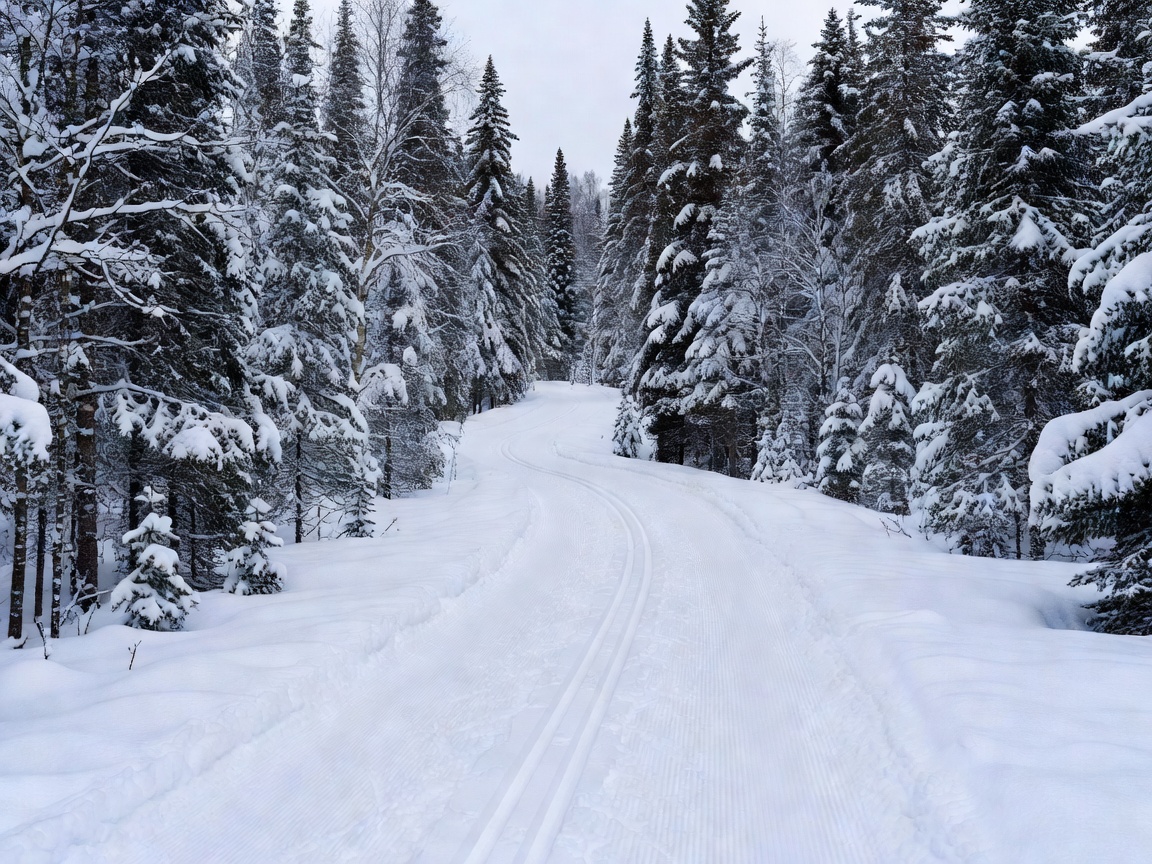 A prepared cross-country ski trail running through a dense forest setting during winter