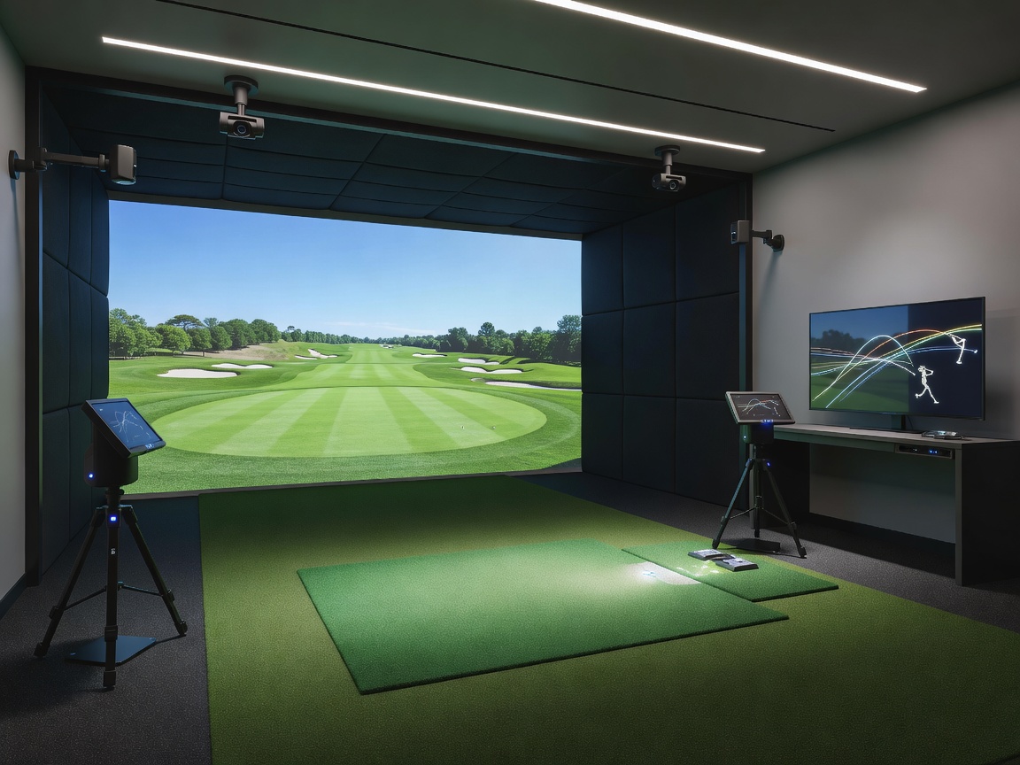An advanced indoor golf simulator bay with radar launch monitors and projection screens