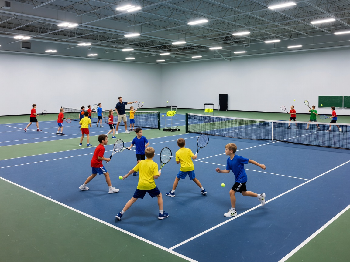 A well-lit indoor hardcourt tennis facility with multiple instructional zones set up for youth coaching