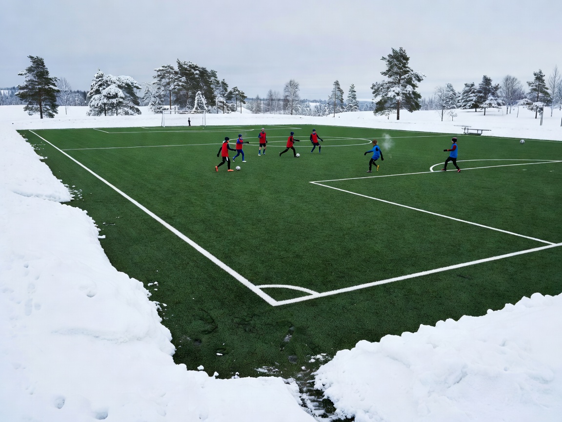 A community synthetic football pitch surrounded by snow banks, cleared for training
