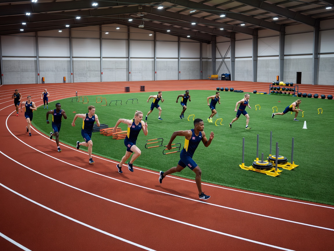 Athletes engaging in structured multi-sport training inside a vast indoor athletics facility with running tracks and synthetic turf