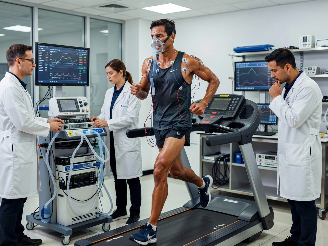 An athlete undergoing physiological threshold testing on a treadmill while monitored by technicians in a laboratory setting
